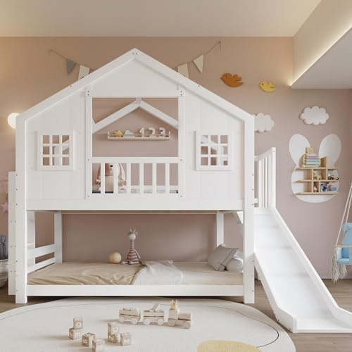 YuQozii Etagenbett mit Kinderrutsche, Kinderbett, Exquisites Fenster- und Dachdesign, Stabiler Lattenrost und Stufen, Kiefer + MDF+Sperrholz, Weiß, 90x200cm