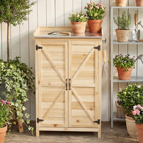 Aoxun Gartenschrank Holz, Pflanztisch mit Geräteschrank Schrank, Doppeltür, Seitenhaken und verstellbarem Regal, Gerätehaus, Gartenschuppen für Garten Terrasse, 64 x 40 x 95 cm, Burlywood