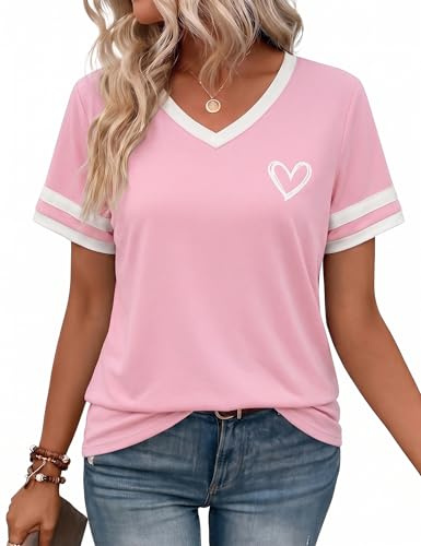 Gyabnw T-Shirt Femme Col V Rayé Manches Imprimé Cœur Oversize | Manches courtes rayées, Col V, Imprimé cœur, Coupe oversize, Style décontracté pour le quotidien