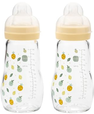 MAM Glass Bottle, 2X 260ml, with SkinSoft Silicone Teat, Yellow | Baby Milk Bottles with Medium Flow Teat Size 2, Baby Accessories for Newborn (Designs Vary)