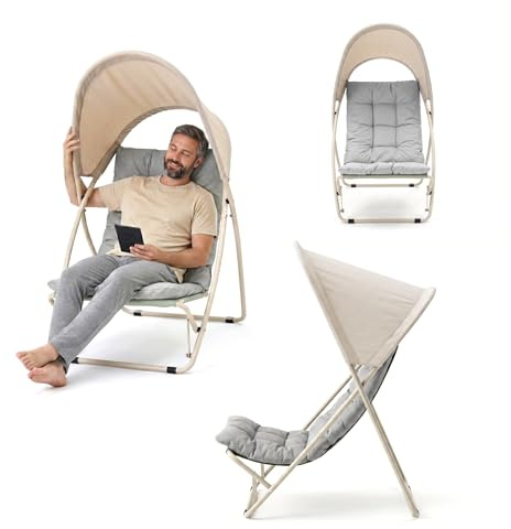 HAPPERS Sillón de Jardín Exterior| Silla Plegable Camping Acolchada con Parasol | Butaca para Patio Playa, Piscina - Gris (Gris)