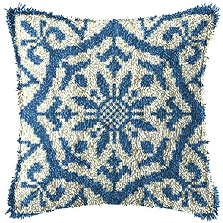 WYOUTDOOR Spärrkrok kit kudde för vuxna och nybörjare kuddfodral örngott broderikit broderi med blå och vit tryckt duk, 43 × 43 cm