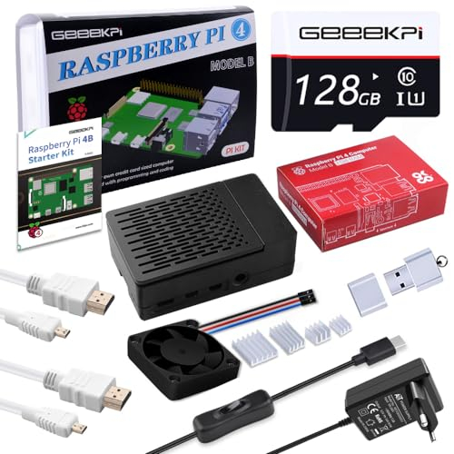 GeeekPi Starter Kit für Raspberry Pi 4 8GB, Inklusive Pi 4 8GB RAM-Board, 128GB SD-Karte und Kartenleser, Pi 4 ABS Gehäuse mit PWM Lüfter, 5V 3.6A 18W Netzteil mit EIN/Aus Schalter, 2pcs 4K HDMI Kabel