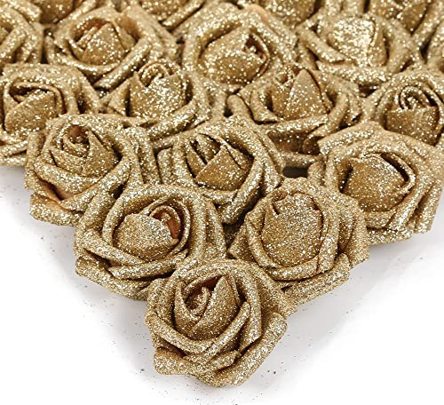 IPOPU, 25 rose dorate glitterate artificiali, in schiuma, con stelo, per bouquet da sposa, fai da te, decorazione della casa, per feste (oro)
