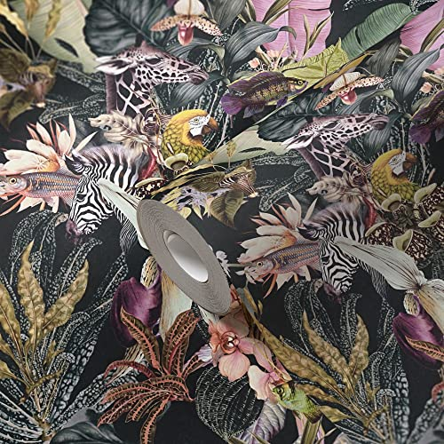 A.S. Création Tapete Dschungel Dunkel Schwarz Rosa 381761 Vliestapete mit Tieren und Blumen 10,05x0,53m Made in Germany