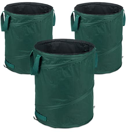 Relaxdays Sacs à déchets de Jardin autoportants, Lot de 3, 90 L, 3 poignées, Poubelle, résistant aux UV, étanche, Vert