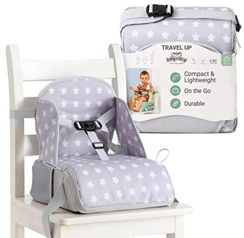 BabyToLove Travel Up Baby Booster Seat and Storage | Lightweight On the Go and Easy to Carry | White Stars