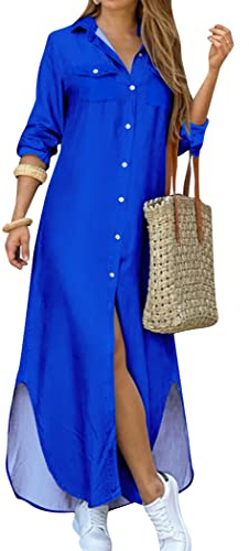 OMZIN Femmes Chemise Robes Sexy Casual Chaîne Imprimer Manches Longues Lâche Fente Maxi Robes Bleu Royal XL