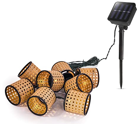 Esotec Solar Lichterkette Samoa, Rattan Körbchen, 2 Meter, 8 LED Laternen, Lampions warmweiß, Akku, Solarmodul, Erdspieß, Korbdekoleuchte, Kunststoff, Außenbereich, outdoor, 102800