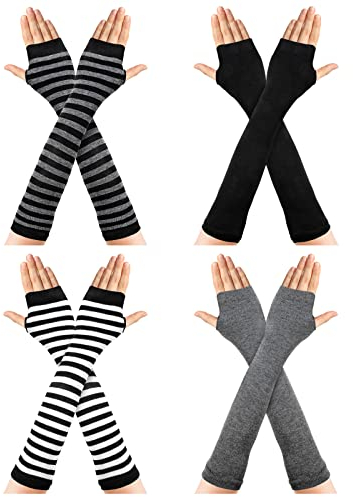 Fingerlose Handschuhe for Damen Mädchen 4 Paar Wärmer Daumenloch Ellenbogen Länge Handschuhe Gestrickte Lange Armstulpen Handschuhe für Tippen und Textieren One Size