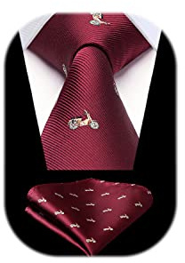 HISDERN Burgundy Tie for Men Motorcycle Pattern Ties Handkerchief Novelty Animal Print Wedding Necktie & Pocket Square Set