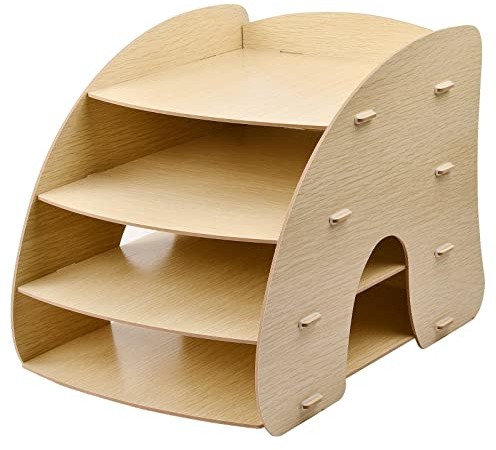 Organizador Escritorio Madera de Oficina, Bandeja para Cartas de Documentos de Papel A4, Estante de Almacenamiento para Soporte Archivo Hogar Escuela, 4 Plantas, 34 x 24,5 x 27 cm (Beige)