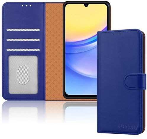 iCatchy for Samsung Galaxy A15 Case Leather Wallet Flip Book Cover with 4 Card Slots, Magnetic Closure, Kickstand Shockproof Protection Compatible with Samsung A15 (Blue)
