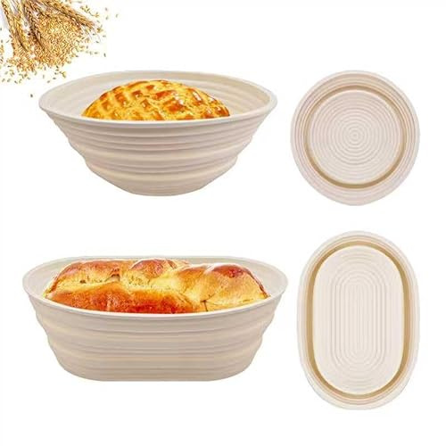 2Pcs Silicone Banneton Bread Proofing Baskets, 10 Oval & 9 Round Foldable Non-Stick Dough Proofing Bowl Containers-BPA Free, Optimum Sourdough Bread Baking Supplies(Beige)
