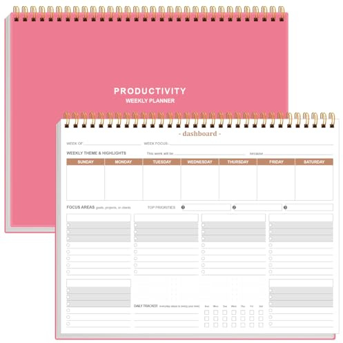 Weekly Productivity Planner - 8.5 x 11 Dashboard Desk Notepad Has 6 Focus Areas to List Tasks for Goals, Projects, Clients, Academic or Meal-Organize Your Daily Work Efficiently, 54 Weeks, Pink