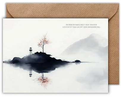 WBdesignz Stilvolle Trauerkarte mit Umschlag - Leuchtturm & Nebelmotiv – poetische Beileidskarte mit Spruch „In der Dunkelheit der Trauer…“ - Kondolenzkarte Trauer Abschied (DIN A6 - Quer)