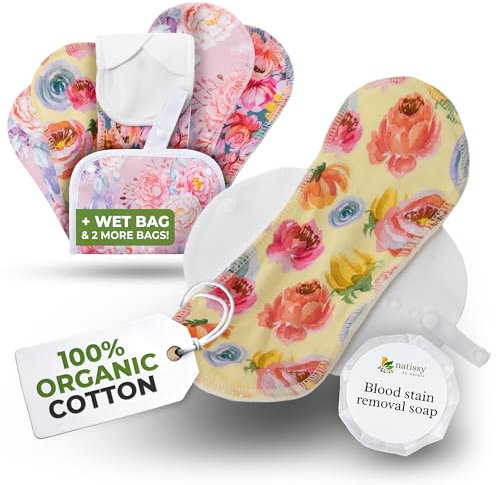 EcoConfort compresas reutilizables en algodón orgánico para flujo ligero (S+M, 6 uds.); lavables a alta T°; suaves y no irritantes, compresas tela para una higiene menstrual de mujeres y adolescentes