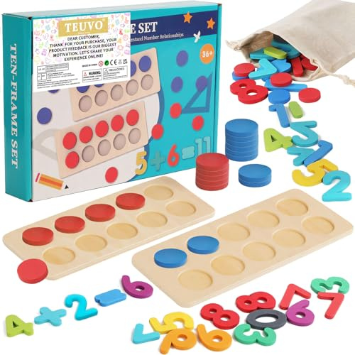 TEUVO Juegos Matematicos Madera Tablero de Conteo para Niños, Juguetes Montessori Bloques Numéricos Contar, Casa Escuela Aritmética Juegos Educativos para 3 4 5 6 años Niños Niñas