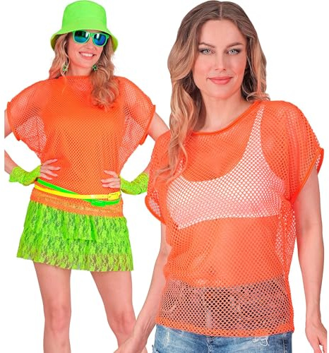 W WIDMANN MILANO Party Fashion - Haut en résille pour femmes, t-shirt en résille, fluo pour festivals et carnaval