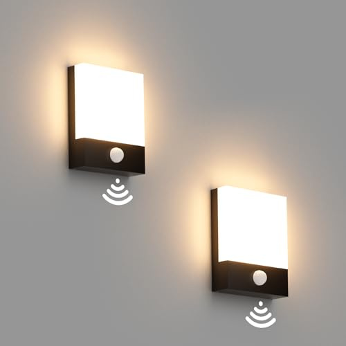 Klighten 2 stycken 24 W LED utomhusvägglampa med rörelsesensor, svart vägglampa, IP65 utomhusvägglampa med sensor för trädgård terrass ingång, varmvit 3000 K utomhusvägglampa