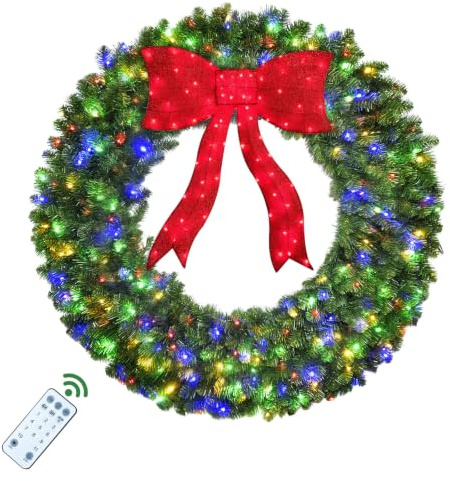 HOYECHI 48in Pre-Lit Christmas Wreath with Bow – 270 Colorful LED Lights, 700 PVC Tips, Timer, Remote, Large Outdoor Holiday Decor for Front Door, Wall, Garage, Power Plug-in