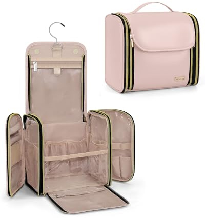 TBTOTRA Hanging Toiletry Bag, PU Leather Makeup Bag Large Capacity with Jewelry Organizer for Brushes Set, Cosmetic Accessories, Pink