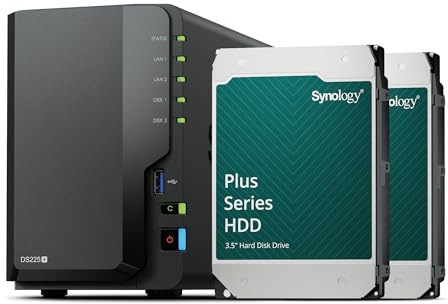 Synology DS225+ - Discstation NAS a 2 bay (Intel Celeron J4125 4 core 2.0 GHz 2 GB DDR4 RAM 2 x RJ-45 1 GbE) 12 TB bundle con 2 X HAT3300-6T
