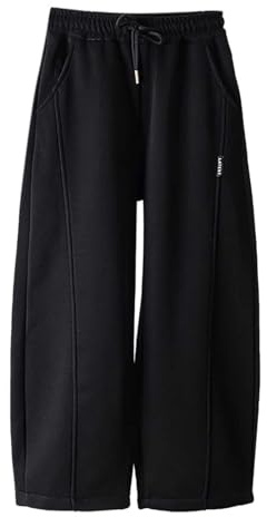 Girls Baggy Wide Leg Joggers with Drawstring Kids Sports Pants Casual Tracksuit Bottoms Elastic High Waist Straight Leg Baggy School Trousers Solid Color Oversized Sweatpants Pockets Black