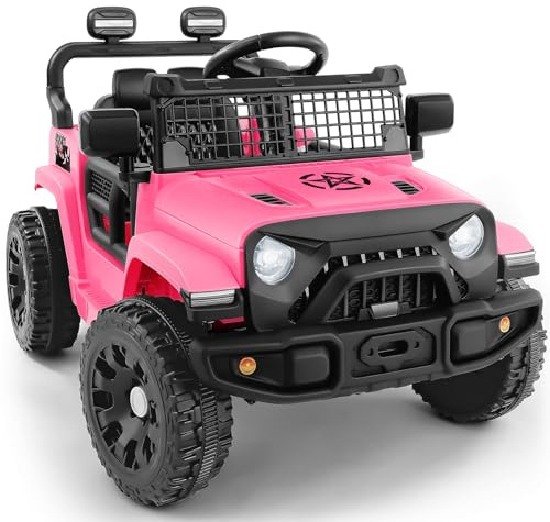 ELEMARA Electric Cars for Kids, Max 3.5MPH, 12V Ride On Toy Car W/Remote Control, Bluetooth, LED Lights, Shock Absorbers, Motorized Off-Road Truck, 3 Speeds Electric Vehicles for Child-Light Pink