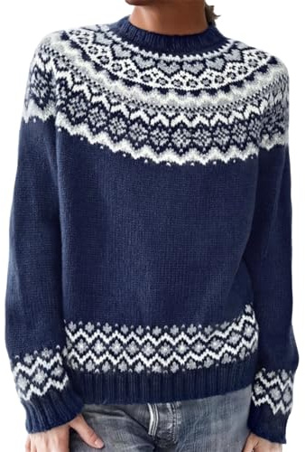 Generisch Pull en cachemire coloré pour femme - Pull norvégien - Manches longues - Col rond - Pull en laine - Élégant et chaud - Pull d'hiver ample - Décontracté - Pull en tricot fin, a-bleu marine