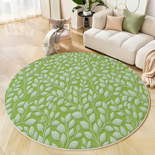 Tappeto Rotondo Foglie Rami Di Salice, Tappeto Verde Chiaro Antiscivolo Morbido Piante Naturali Rinfrescanti, Lavabile in Lavatrice Tappeti Decorativi, per Soggiorno Camera da Letto Intérieur 180cm