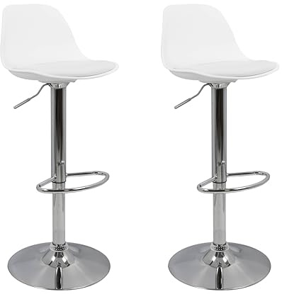 Vaukura Taburete de Bar Juego de 2 | Taburetes Regulables en Altura en Piel Sintética Blanco | Taburete de Cocina Giratorio 360° | Base de Acero Cromado con reposapiés Estilo Moderno Cocina y Barra