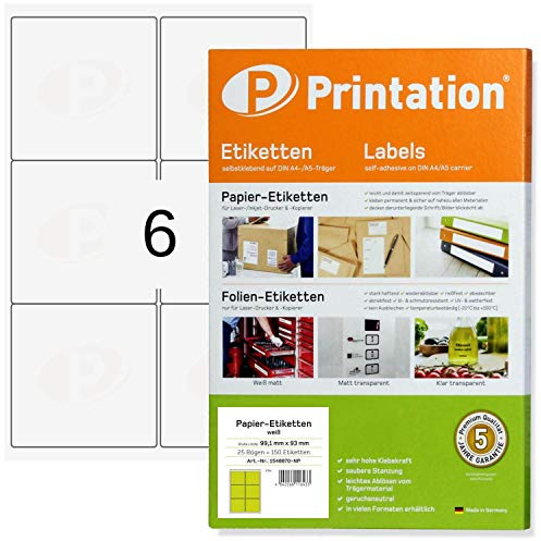 Printation Etichette autoadesive stampabili, 99,1 x 93 mm, colore bianco, 150 etichette per indirizzi autoadesive, 99,1 x 93 su 25 fogli DIN A4, 2 x 3 – 6 etichette per foglio, etichette adesive con