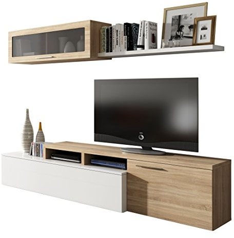 Dmora - Wohnzimmermöbel Chino, TV-Ständer, Wohnzimmermöbel, reversible Wohnzimmerkomposition, Eckwohnzimmerset, 200 x 41 x 44 cm, Eiche und glänzendes Weiß