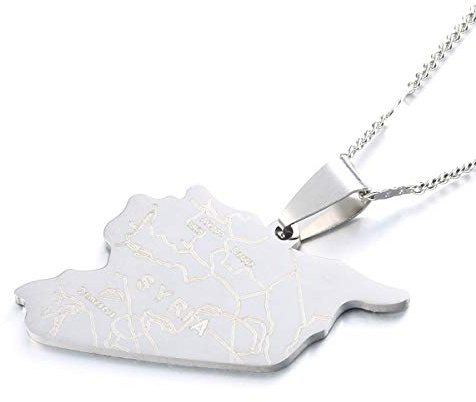 Stainless Steel Syria Map Flag Pendant Necklaces Syrians Jewelry (Silver)
