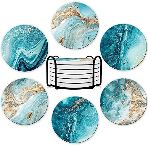 Sottobicchieri, Set di 6 Premium Design sottobicchieri con Supporto, Sottobicchieri per Bevande in Pietra Ceramica Assorbente, Regalo Grazioso per Natale Decorazioni, Natale Regali,Blu