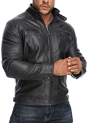 HOOD CREW Men’s Stand Collar Leather Jacket Casual Faux Leather Motorcycle Jacket Outerwear Coat with Zipper Pockets Black 4XL