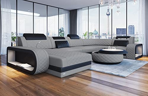 Sofa Dreams Stoff Wohnlandschaft Berlin - mit LED Beleuchtung, verstellbare Kopfstützen, Ottomane/Mikrofaser/Ausrichtung wählbar (Ottomane Links, Schwarz-Hellgrau)