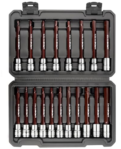 LLNDEI 3/8-Inch Drive Extra Long Allen Hex Bit Socket Set 19PCS- Standard SAE & Metric (1/8-3/8, 3-12mm), CR-V&S2 Alloy Steel, Durable Tool Accessories Kit for Mechanics
