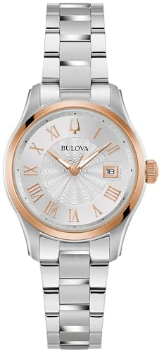 Bulova Ladies Classic Wilton 3-Hand Quartz Silver and Rose Tone Stainless Steel Case Watch, Silver Stainless Steel Bracelet, White Dial Style:98M136