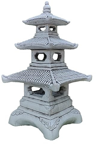 Farola Pagoda de Jardín Oriental Decorativa para Exterior Farol Exterior de hormigón Piedra 85cm. 3 Alturas - Peso 70Kg.