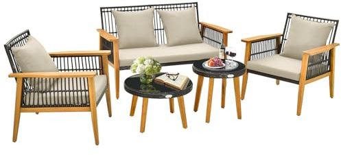 COSTWAY Muebles Jardin Exterior de Ratán 5 Piezas, 1 Sofá de 2 Plazas y 1 Sillon, 2 Mesas de Café de Vidrio Templado, Marco de Madera de Acacia, Cojines Acogedores, Mesa y Sillas Terraza Balcon