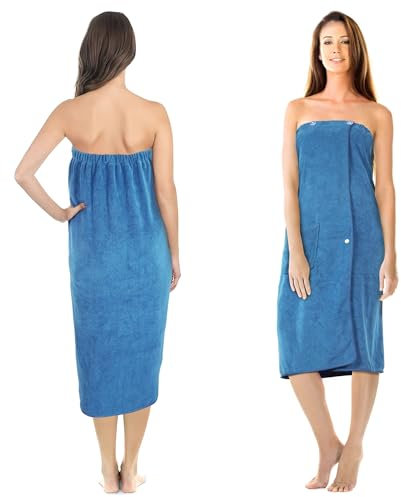 Jokisa Toalla de sauna para mujer, toalla de sauna con botones, toalla de sauna para mujer de microfibra de 400 g/m², con bolsillos y banda elástica, vestido de toalla para mujer, adecuado para sauna,