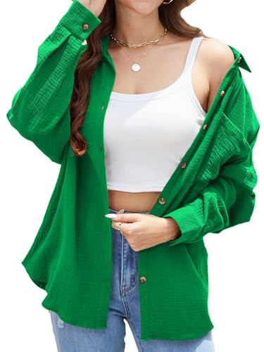 Stamain Womens Shirts Cotton Blouses for Women UK Oversized Ladies Green Blouse and Shirt Long Sleeve Button Down Tops with Pocket for Party Daily M