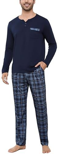 Bresdk Pyjama Homme Hiver Coton Long Manches Longues Col V Deux Pièces | Haut Henley boutonné à manches longues, pantalon à carreaux avec poches, taille élastique à cordon, lavage en machine