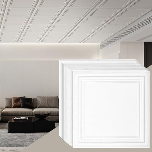 VEVOR Ceiling Tiles, 48-Pack 20 x 20 in, Drop Ceiling Tiles Premium Polystyrene Sheet, Easy Installation/Cutting Plastic Glue-up Ceiling Tile, Basement Ceiling Covering for Home/Office Decoration
