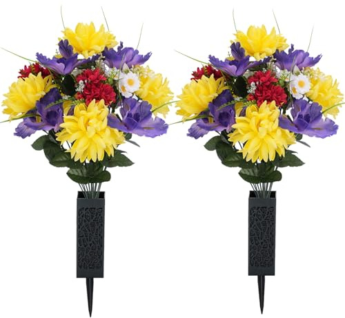 Memobloom Artificial Memorial Flowers for Cemetery: 2 Pcs Cemetery Flowers for Grave Decorations - Realistic Yellow Mums Purple Iris Bouquets with Vases for Gravisite Outdoor