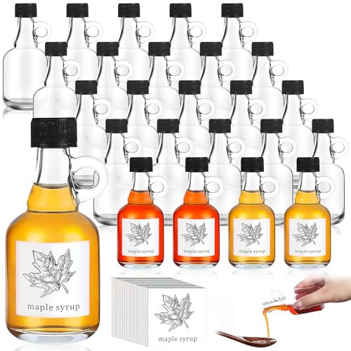 YFNVH 24 Pack Mini Glass Maple Syrup Bottles 50ml Syrup Bottle with Loop Handle and Lids Small Reusable Glass Jars Dispensers with Stickers for Olive Oil Milk Sauce Honey Gift