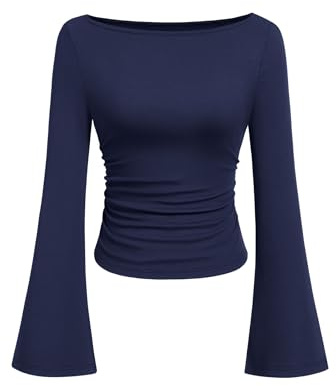 PRETTYGARDEN Womens Long Sleeve Shirts 2026 Spring Crop Going Out Tops Casual Boat Neck Bell Sleeve Ribbed Ruched Y2K Clothes (Navy Blue,X-Small)
