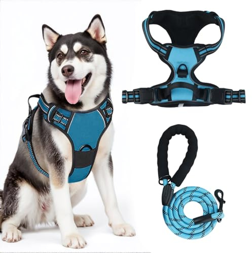 Heavy Duty No Pull Dog Harness for Large Dogs – Adjustable Anti-Pull Pet Vest with Reflective Padded Handle, Escape-Proof Design & Easy Control for Walking & Training-D-Ring Snap Hook,Blue, XL